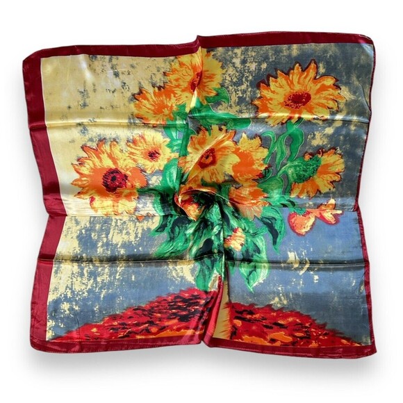 Red Wine Edges  & Yellow Floral Scarf 35” X 35” Women Blue Scarve Headscarf Tie - Picture 2 of 2